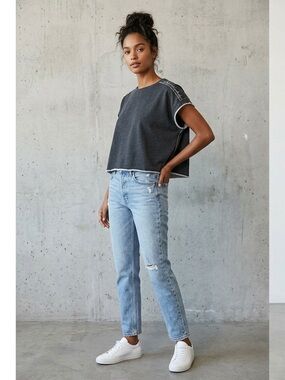 Paper Label Raw Edge Oversized Cropped Short Sleeve Sweatshirt Size Small